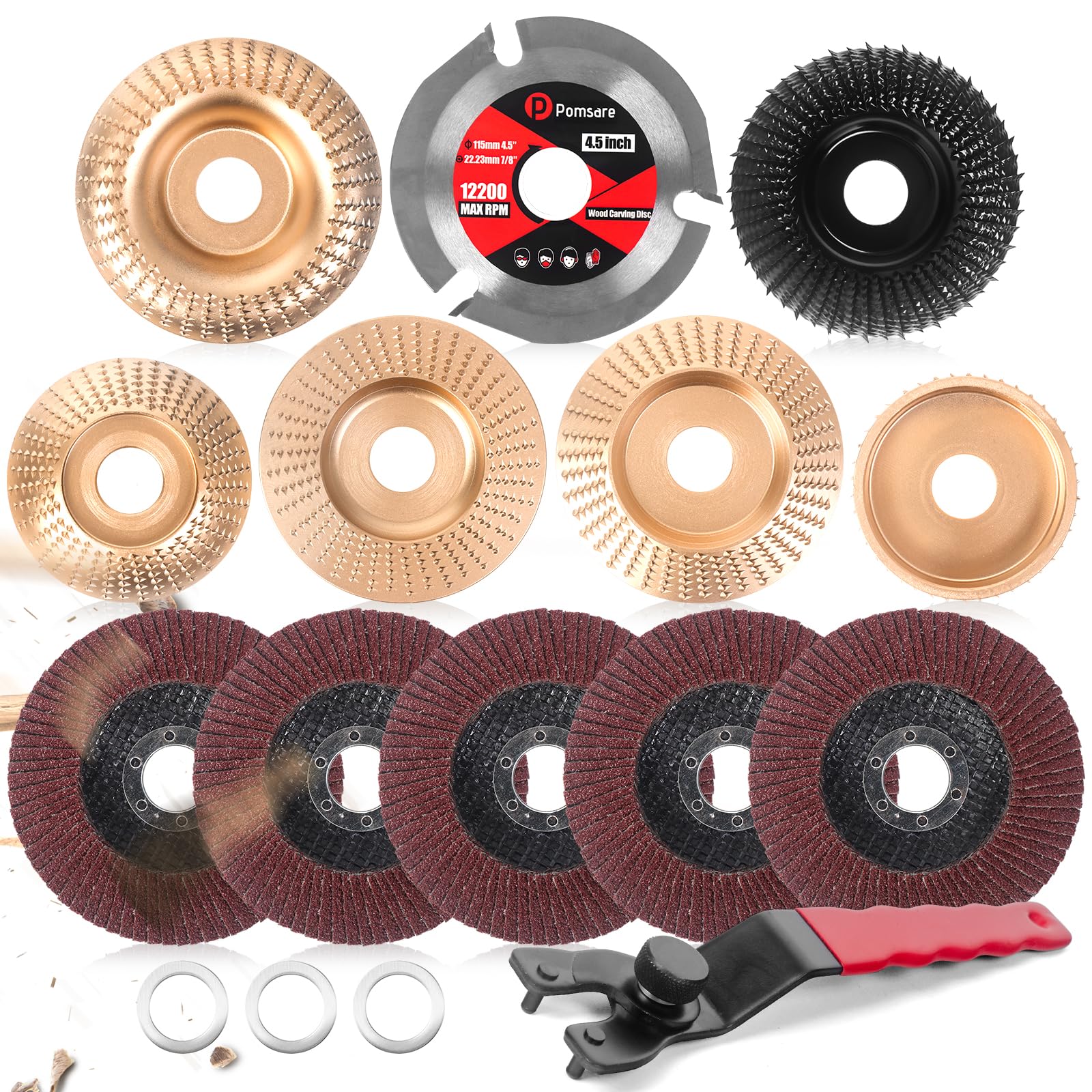 Pomsare 13PCS Wood Carving Disc Set for 4 1/2 Angle Grinder Attachments, Stump Ginder Blades Wheel for Wood, Flap Disc for Woodworking Cutting, Grinding, Shaping and Sanding