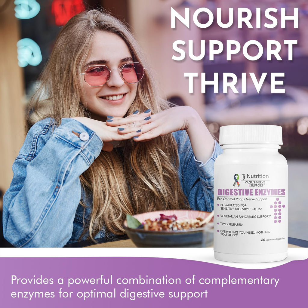 TJ Nutrition Digestive Enzymes for Sensitive Stomachs - Supports Vagus Nerve, Vegetarian Pancreatic Support, Timed Release Formula for Optimal Gut Health, Enhances Food Digestion & Gut Flora