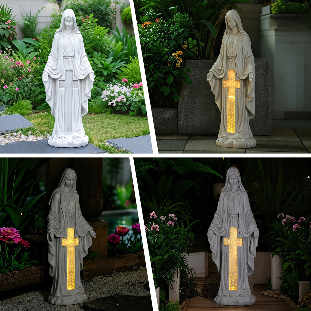 VChymm Solar Virgin Mary Praying Statue 27.9 Inch- Outdoor Religious Garden Decor with LED Lights, Weather-Resistant Magnesium Oxide Sculpture for Yard, Patio, Entryway （White Solar Virgin Mary）