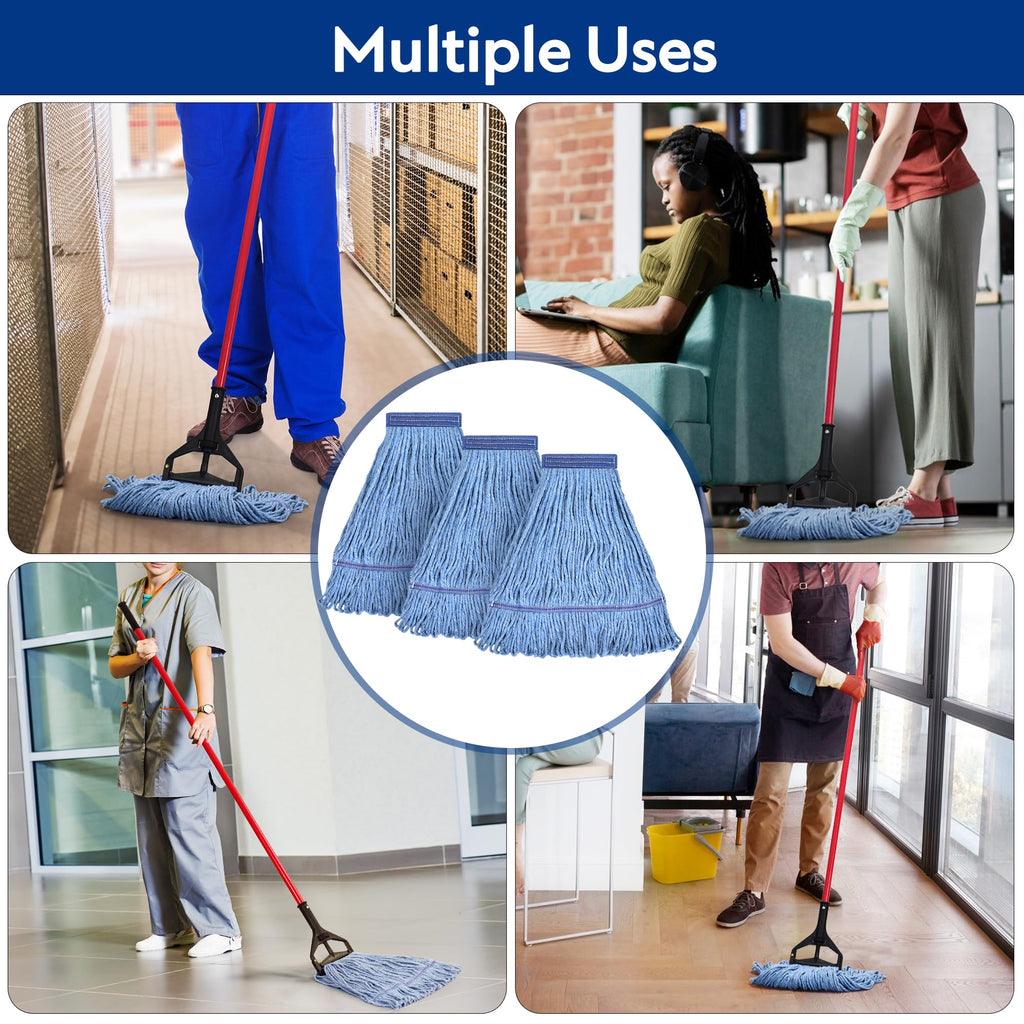 Matthew Cleaning Heavy Duty Mop Head Commercial Replacement for General and Floor Cleaning , Wet Industrial Blue Cotton Looped End String Head Refill (Pack of 3) Blue