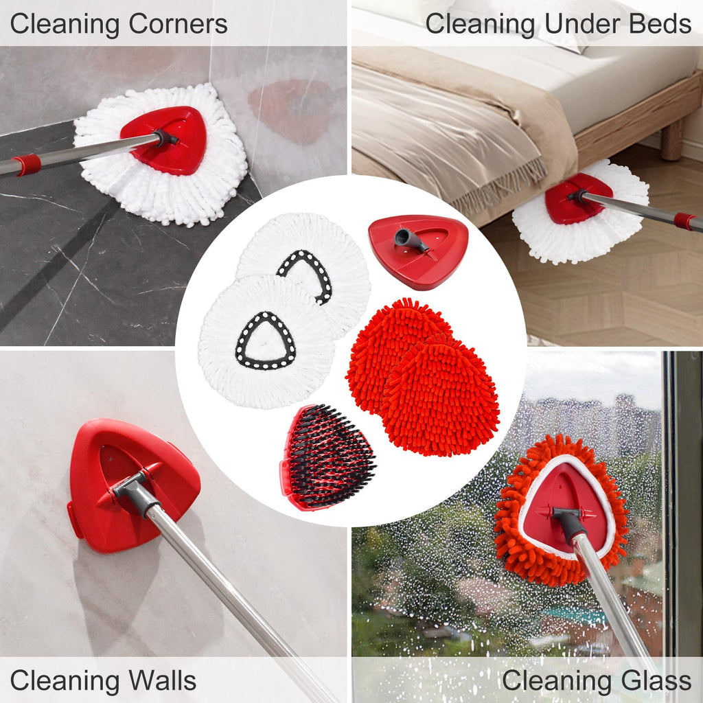 Hezane Mop Heads Replacement Compatible with O-Cedar EasyWring 1-Tank System, Includes 2 Microfiber + 2 Chenille Refills + 1 Scrub Brush + 1 Spin Mop Base for Hard Floor Cleaning