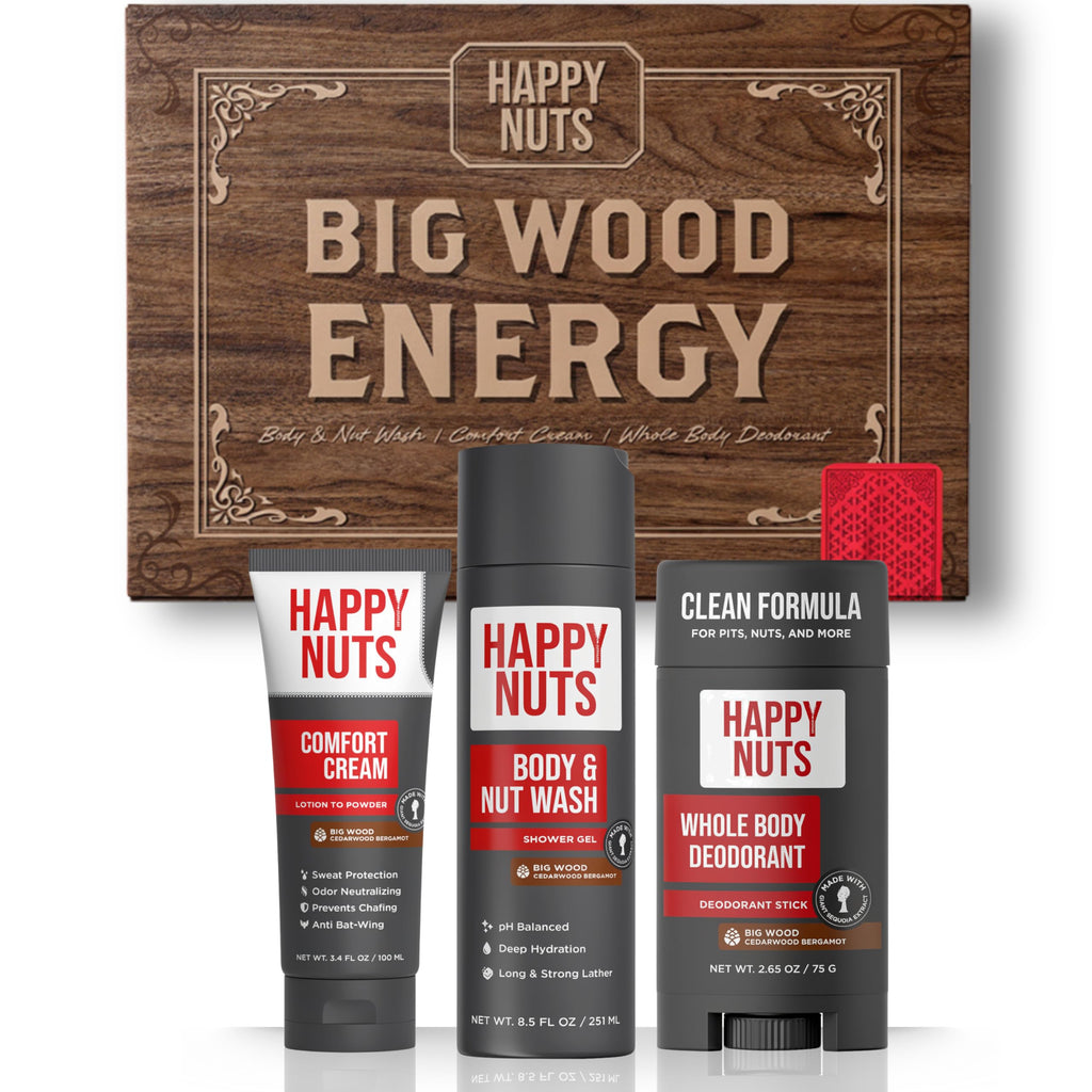 HAPPY NUTS Mens Gift Hygiene Kit - Big Wood Energy Box Men's Gift - Whole Body Deodorant, Moisturizing Body Wash, Anti-Chafing Comfort Cream - Body & Shower Gift Set Self Care For His Total Package