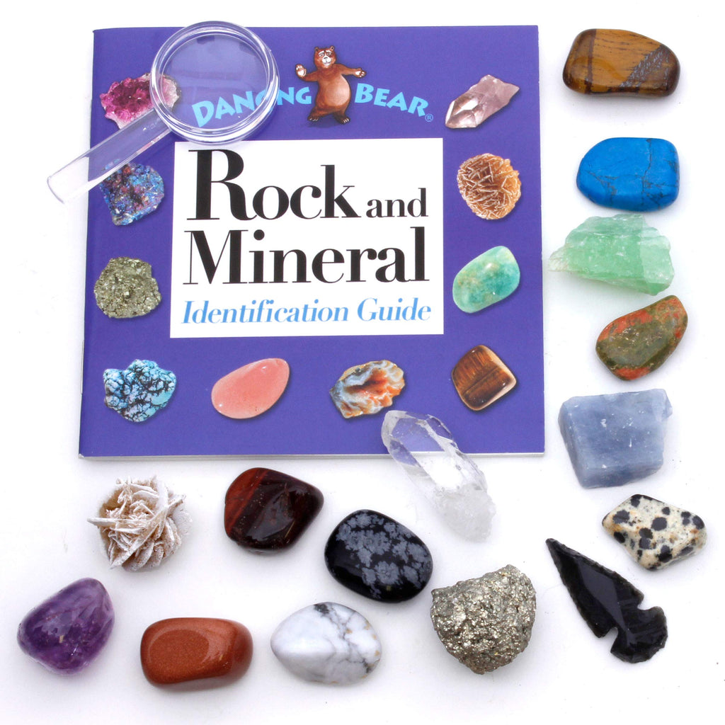 DANCING BEAR -15 Pc Rock & Mineral Collection with Collector Box/Display Case, ID Sheet, Rock Book, Magnifying Glass, Beginner Starter Set, Kids' Gemstone Crystal Kit, STEM Geology Science Education