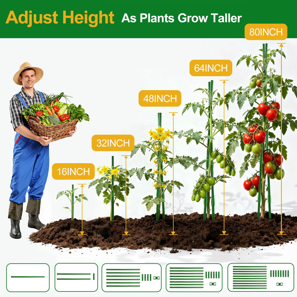 WAENLIR Garden Stakes16 Inch 48 Pack, Tomato cage DIY 4ft 5ft 6ft 7ft 8ft Plant Support Stakes with Connectors and Clips, Plastic Coated Metal Sticks for Tomato Indoor Outdoor