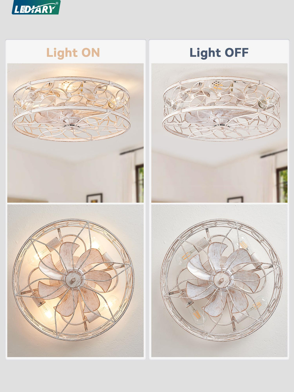 LEDIARY Caged Ceiling Fan with Light, Flush Mount Fandalier with Remote