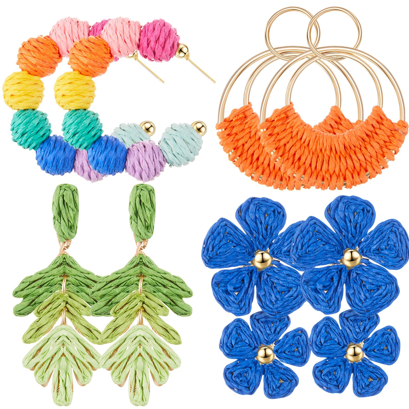 Meekoo 4 Pairs Handmade Boho Rattan Earrings for Women,Colorful