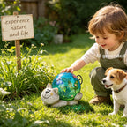 Solar Garden Outdoor Statue, Resin Cat Statues with Crackled Glass Globe