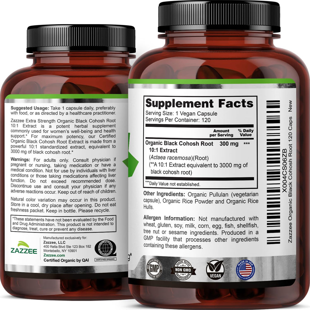 Zazzee USDA Organic Black Cohosh 10:1 Extract, 3000 mg Strength, 120 Vegan Capsules, 4 Month Supply, Standardized and Concentrated 10X Extract, 100% Vegetarian, All-Natural, Non-GMO, Made in The USA