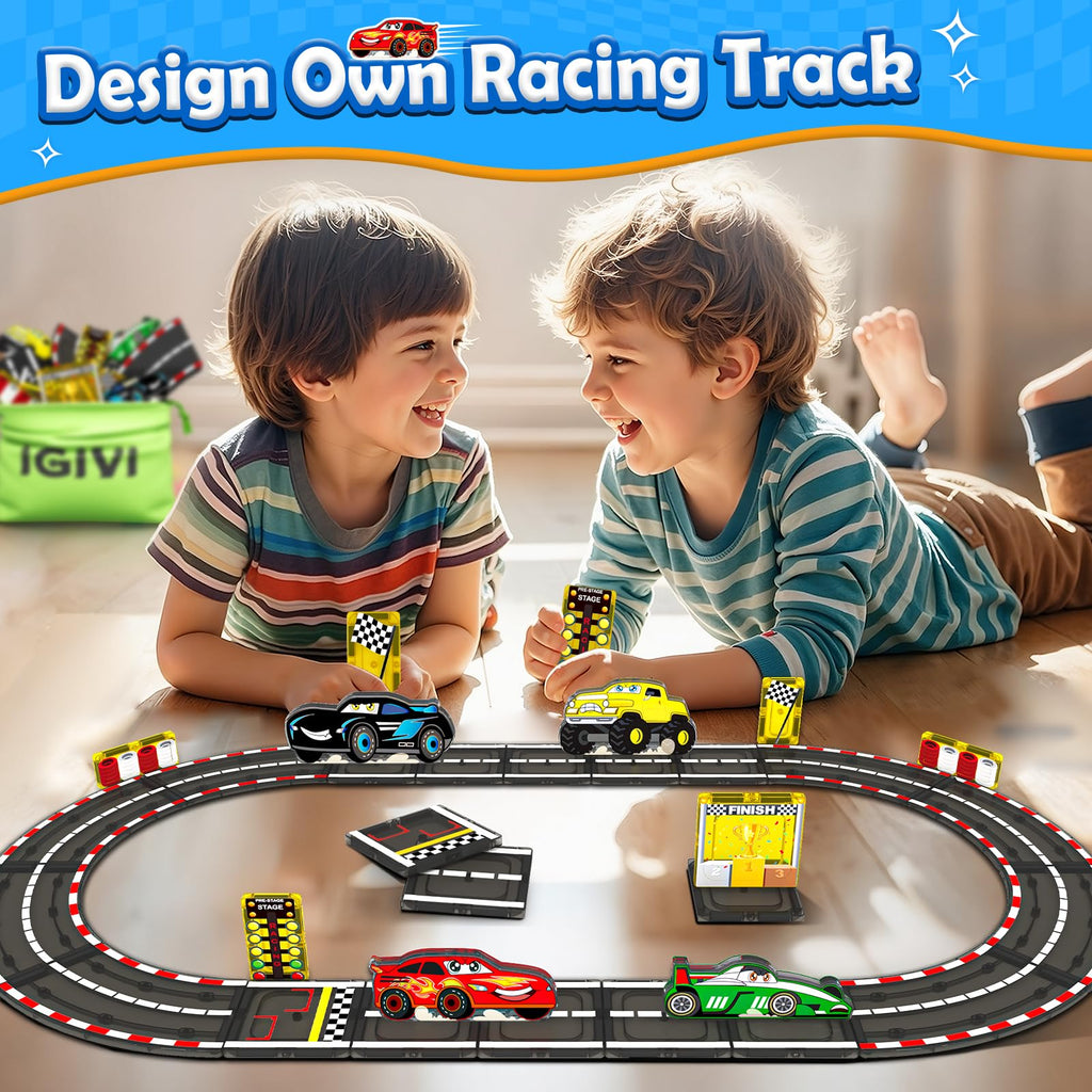 IGIVI Magnetic Tiles Racing Track & Road Expansion Set with Magnet Car, Magnetic Block Building Toys Games for Toddler Kids, STEM Montessori Toys for 3+ Year Old Boys & Girls, Car Lovers Must Haves