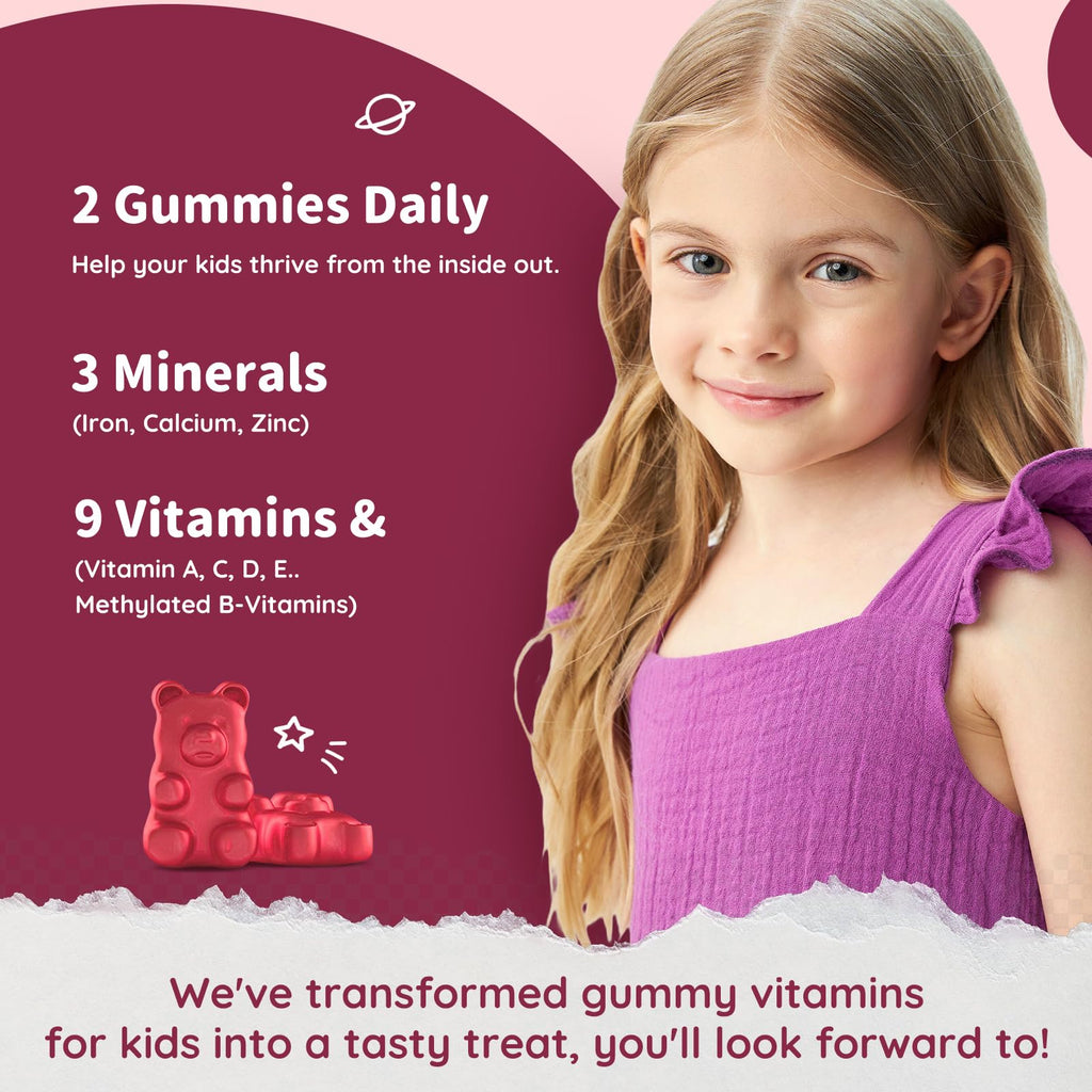 Iron Supplement Gummies for Kids - with Calcium, Zinc, Kids Multivitamin with Iron Gummies - Immune Support, Blood Builder & Energy Support for Iron Deficiency, Anemia, Vegan - 60 Count