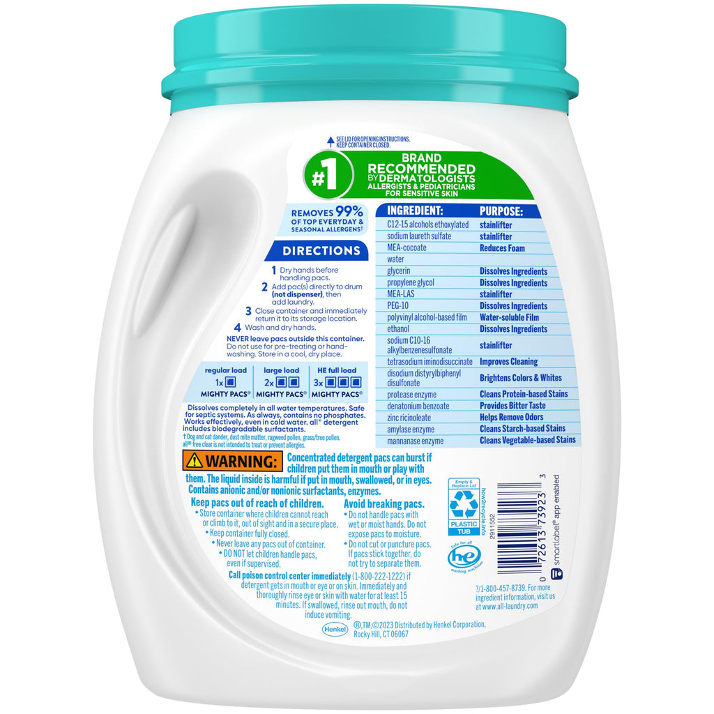all free clear MIGHTY PACS Odor Relief, Laundry Detergent Pacs, 56 Count, Unscented and Hypoallergenic for Sensitive Skin, Dermatologist Tested, HE Safe