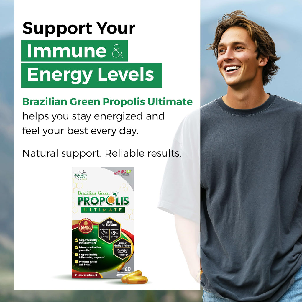 LABO Nutrition Brazilian Green Propolis Ultimate - Contains >7% or 28mg per Serving Artepillin C & >5% Flavonoids, for Immune & Brain Support, Natural, High Concentrate & Premium, 60 Veg Capsules