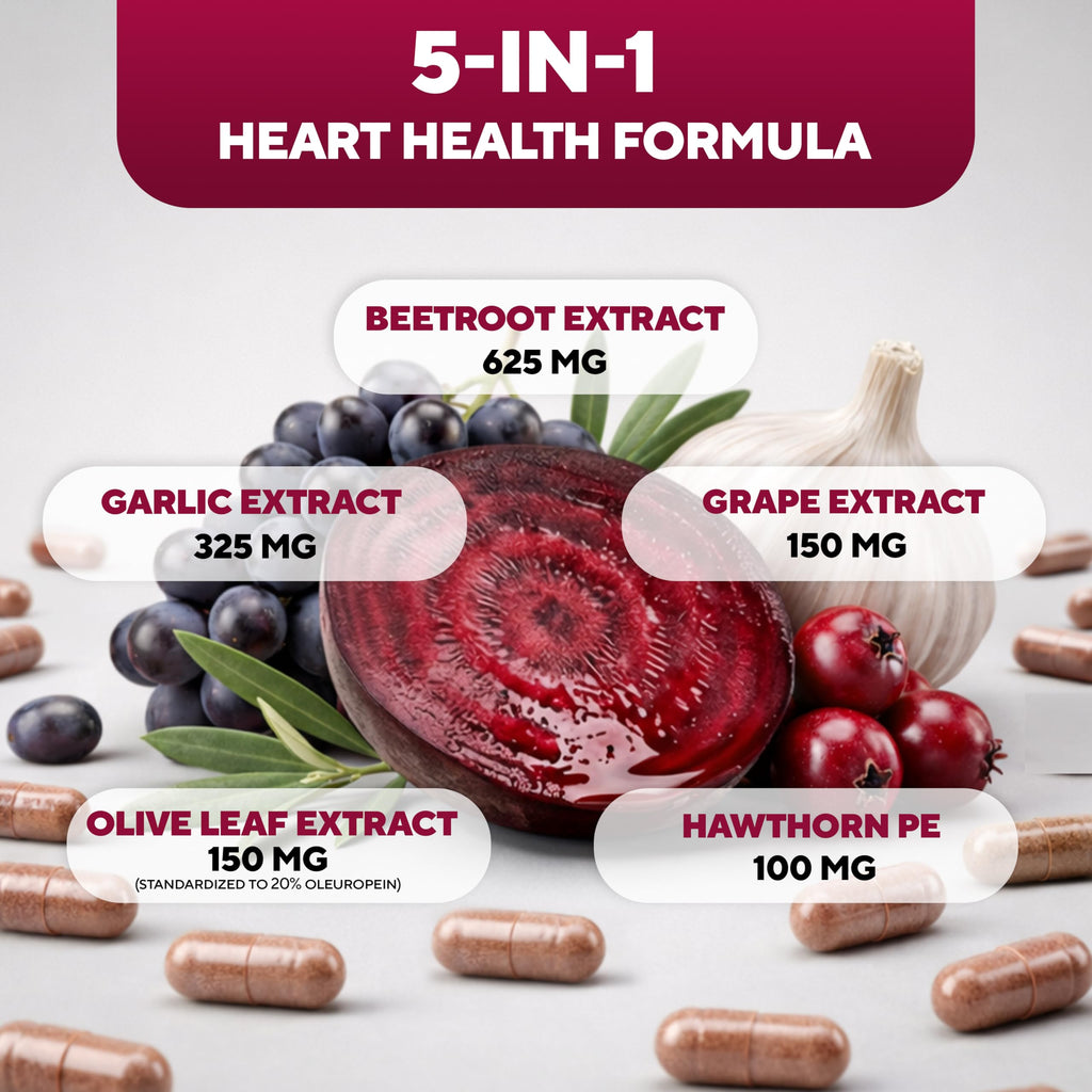 VitaUp Beet Root Capsules - USA Made Beetroot Supplement for Normal Circulation, Nitric Oxide & Heart Support - 5-in-1 Beets with Grape Seed, Garlic Extract, Hawthorn Berry, Olive Leaf - 90 Vegan Caps