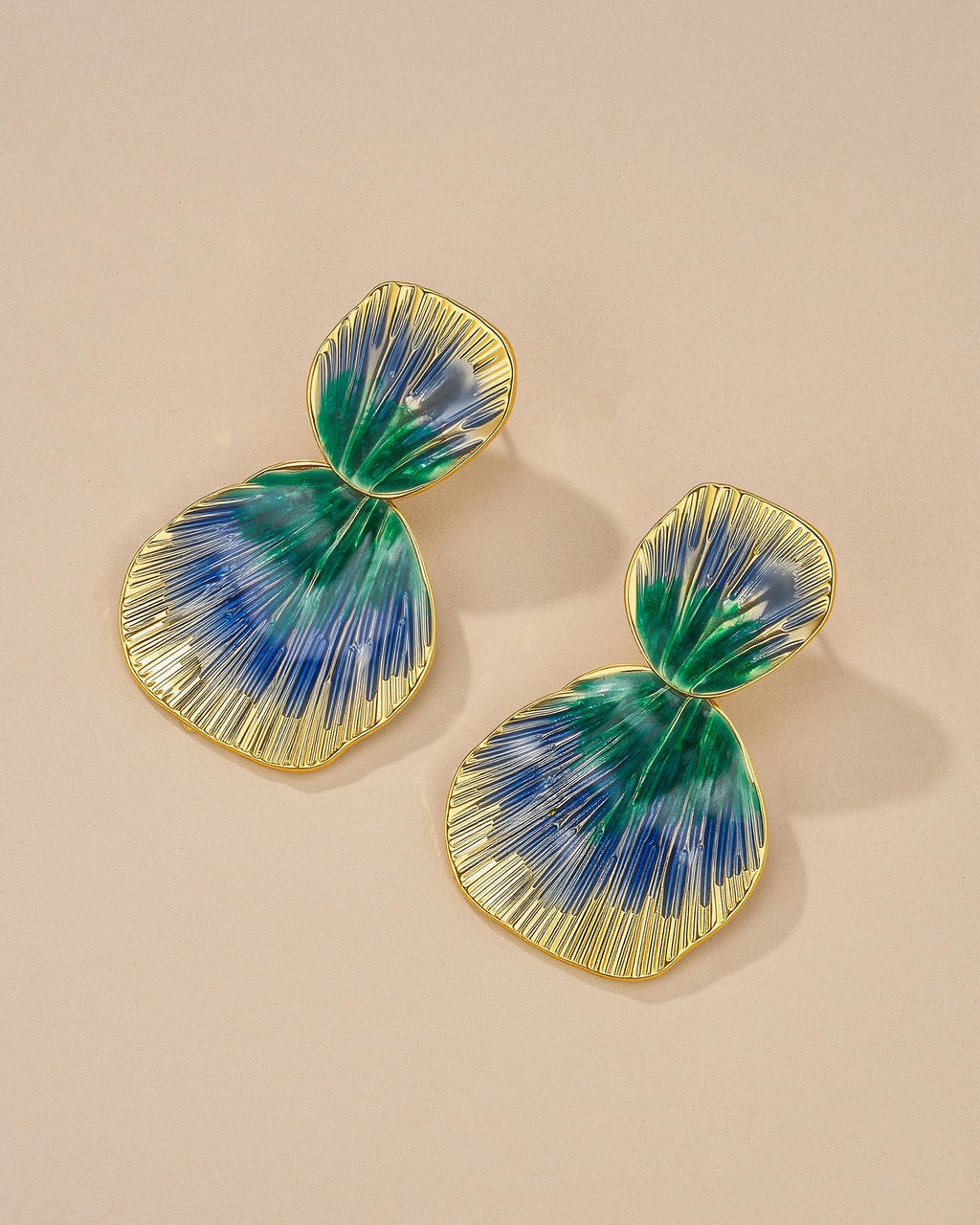 Colorful 18K gold plated Boho Chunky Leaf Floral Geometric Textured Dangling Statement Earrings for Women by SNGIA, Large Orange Green Handmade Trendy Ribbed Fan Dangle Jewelry Gifts, Big Summer Round Oval Square African Beachy Vacation Flower Fashion Acc