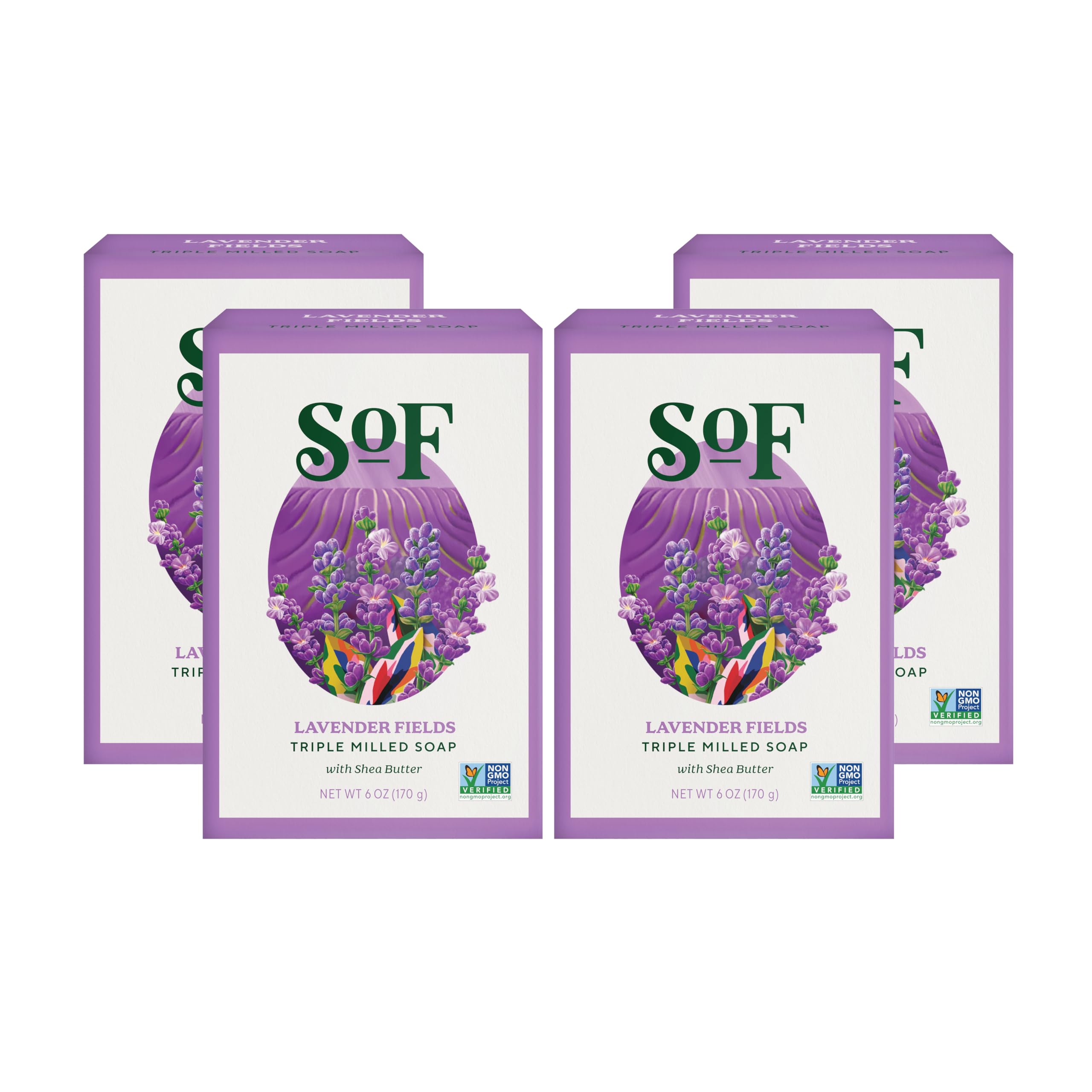 South Of France SoF Triple Milled Bar Soap - With Coconut Oil & Organic Shea Butter- Vegan & Non GMO- Free From Phthalates, Sulfates & Parabens- Lavender Fields - 6 oz Bar 4 Bars