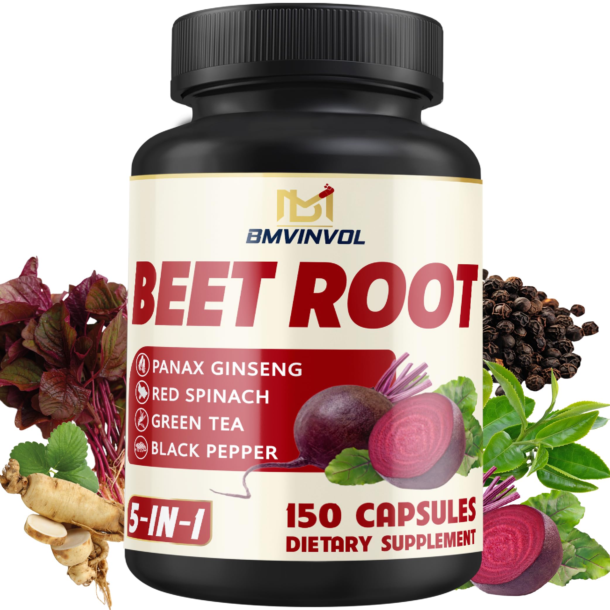 BMVINVOL Beet Root, Green Tea, Red Spinach, Ginseng, Black Pepper - 150 Capsules - 5 Month Supply