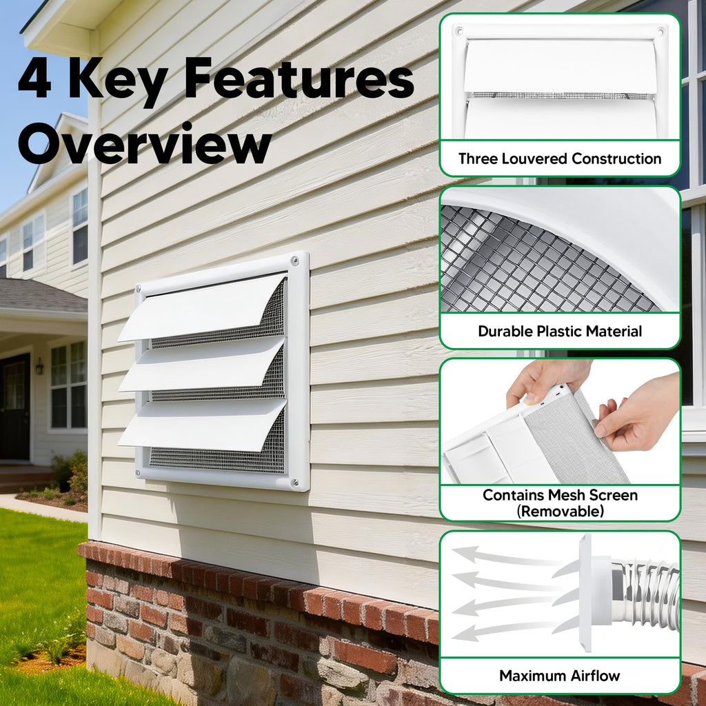 Funmit 6" Louvered Vent Cover 8" x 8" Oversize Outside Dimensions for 6 inches Dia Exterior Wall Vent Hood Outlet Airflow Vent Dryer Air Vent (White)
