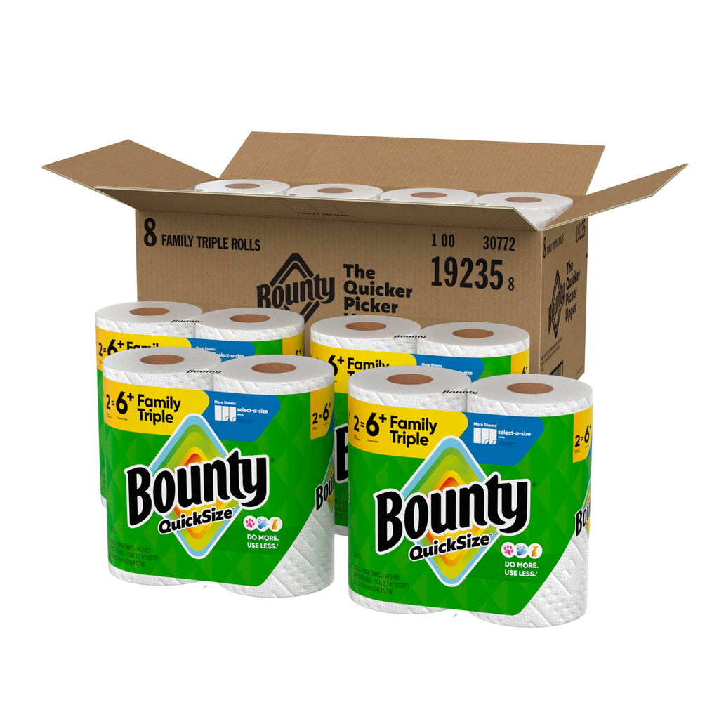 Bounty Quick-Size Paper Towels, White, 8 Family Triple Rolls = 27 Regular Rolls
