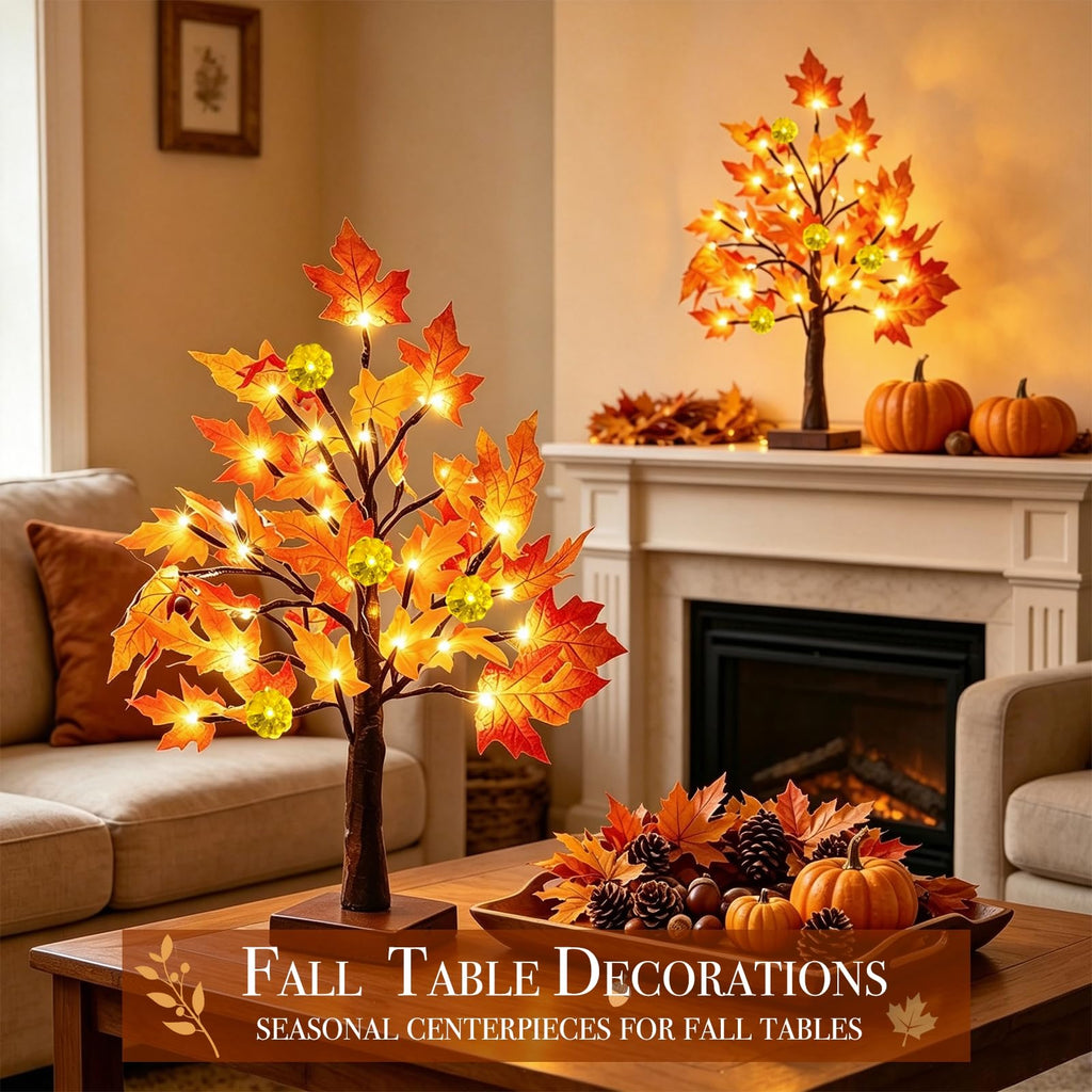 TURNMEON Fall Decor 2 Pack 18 Inch Prelit Fall Maple Tree 48 LEDs Timer