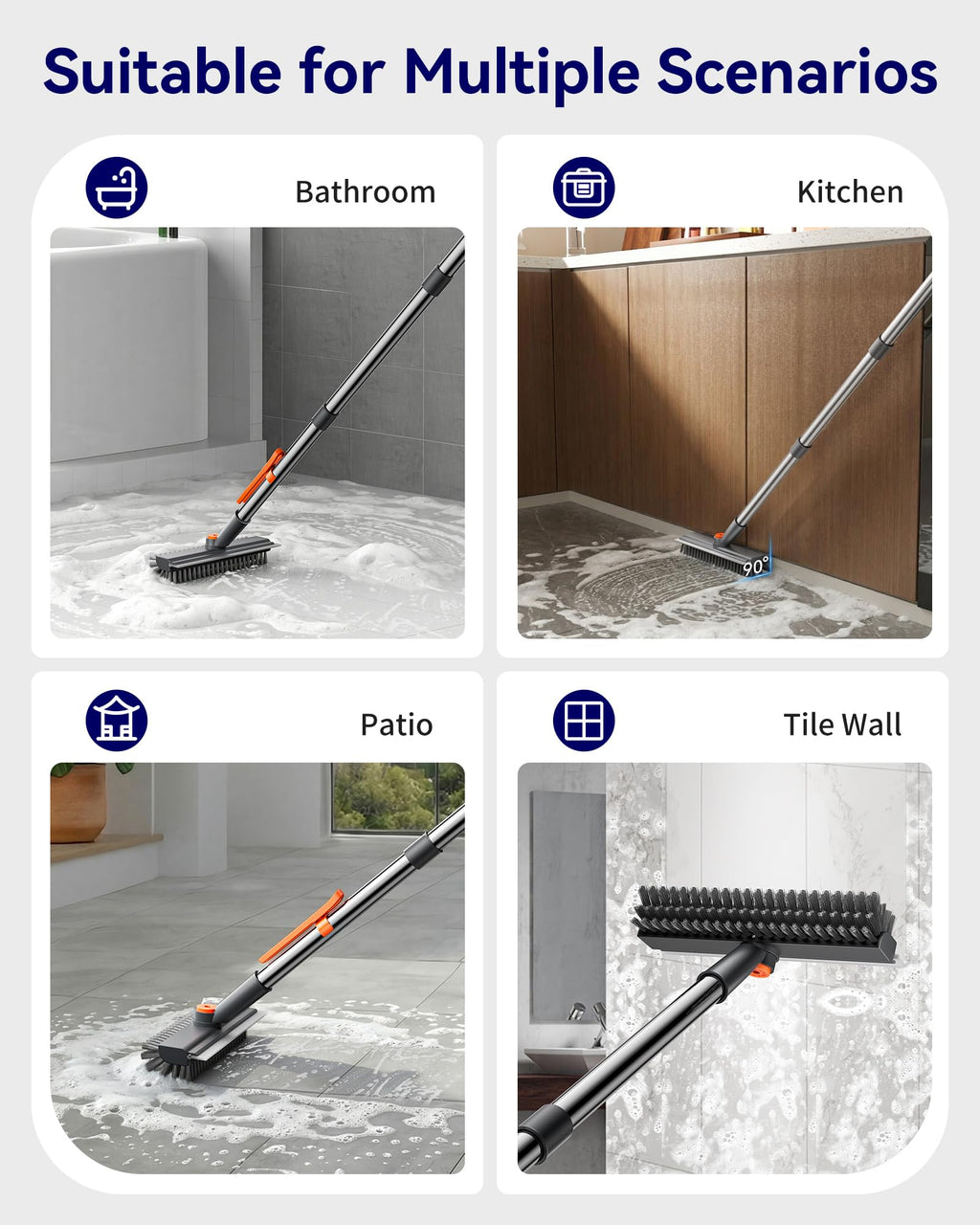 HelpX Small Floor Scrub Brush with Length Adjustable Long Handle, 3 in 1 Heavy-Duty Stiff Bristle Scrubber Brush with Squeegee and Tweezer for Cleaning Bathroom, Tile, Deck, Patio, Garage and Kitchen