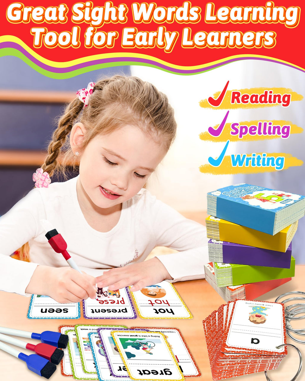 520 Sight Words Flash Cards Kindergarten, Dolch & Fry Sight Word Reading Writing Spelling Games, Homeschool Supplies for Preschool Kindergarten 1st 2nd 3rd Grade, Learning Activities for Kids Ages 3+