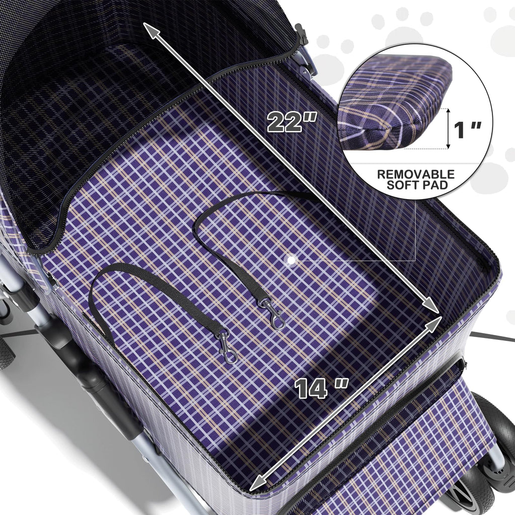 MoNiBloom 3 in 1 Foldable Pet Stroller for Small & Medium Dogs, Detachable Carrier, Car Seat, Push Button Entry, 4-Wheel Jogger for Pets up to 33 lbs, Plaid