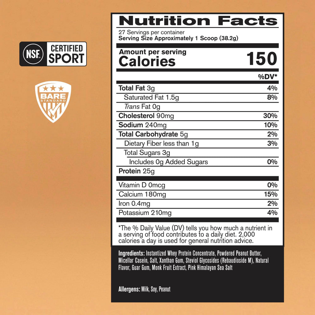 BARE PERFORMANCE NUTRITION, BPN Whey Protein + Casein Protein Powder Blend, Peanut Butter, 25g Protein per Serving Supports Lean Muscle Recovery, 27 Servings, Third Party Tested