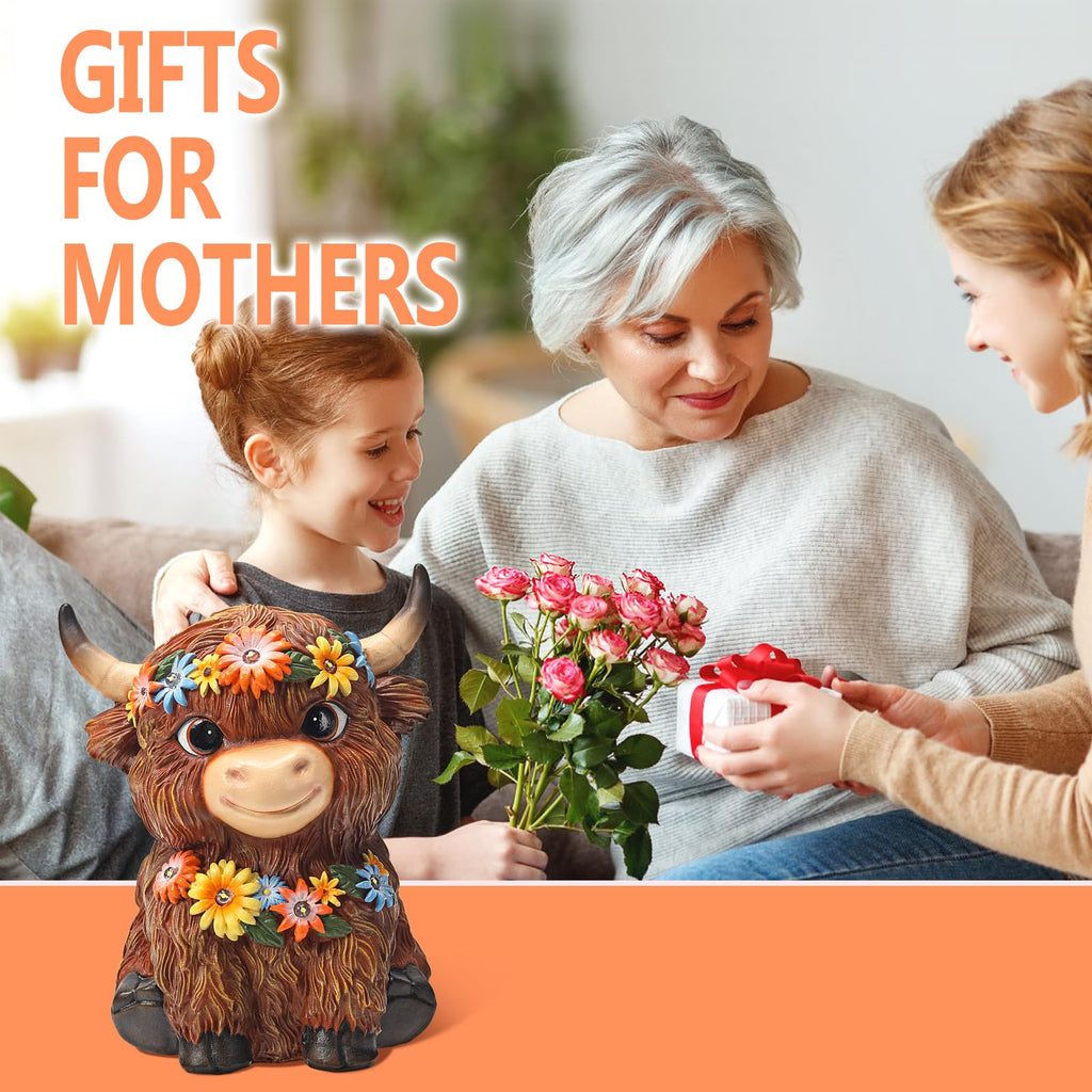 MAXTHOT Solar Garden Decor Outdoor Statues Highland Cow with Daisy and LED Lights Birthday Gifts for Women Mom Grandma Outside Decorations for Lawn, Porch, Yard, Patio, Balcony