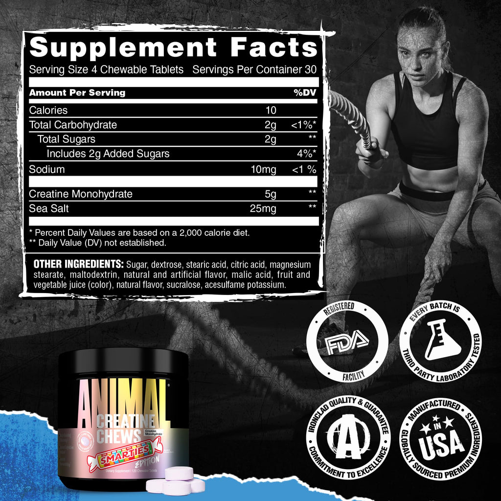 Animal Creatine Chews x Smarties Edition - 5g Creatine Monohydrate for Strength, Power, & Training Recovery Support with Sea Salt, Convenient Chewable Creatine Supplement for Men & Women - 120 Tablets