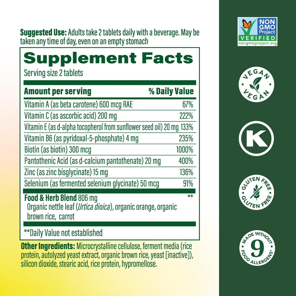 MegaFood Skin, Nails & Hair 2 - Vitamins For Women & Men - Biotin, Vitamin A, Vitamin C, Zinc, Vitamin B6, Vitamin E, Pantothenic Acid - Vegan - Made Without 9 Food Allergens - 90 Tabs (45 Servings)