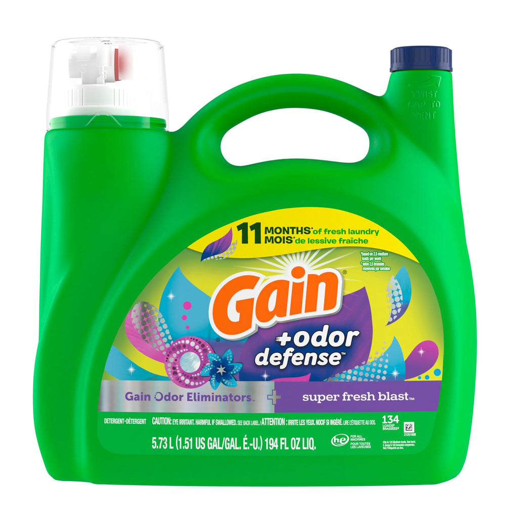 Gain Odor Defense Liquid Laundry Detergent, Super Fresh Blast Scent, 194 fl oz, 134 loads, 2 in 1, Laundry Detergent Liquid Soap, HE compatible