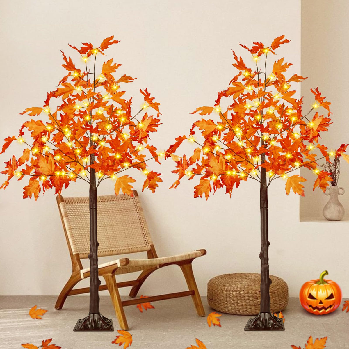 2 Pack 4FT Lighted Maple Tree 100 LED Artificial Fall Tree for Home Decor