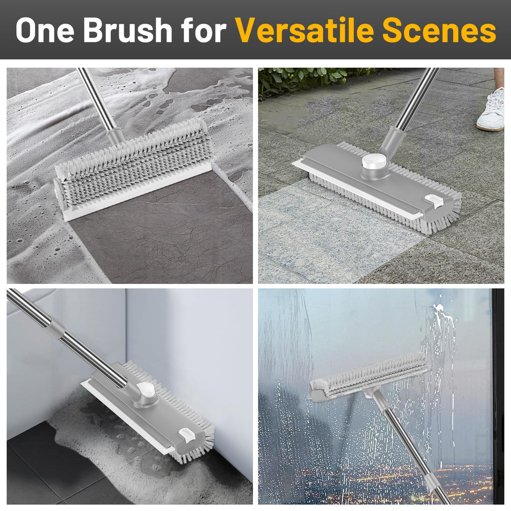 EHADOO Floor Scrub Brush with Long Handle: 3 in 1 Heavy-Duty Floor Scrubber Brush with Squeegee for Cleaning Tile Bathroom Deck Kitchen Patio - Gray