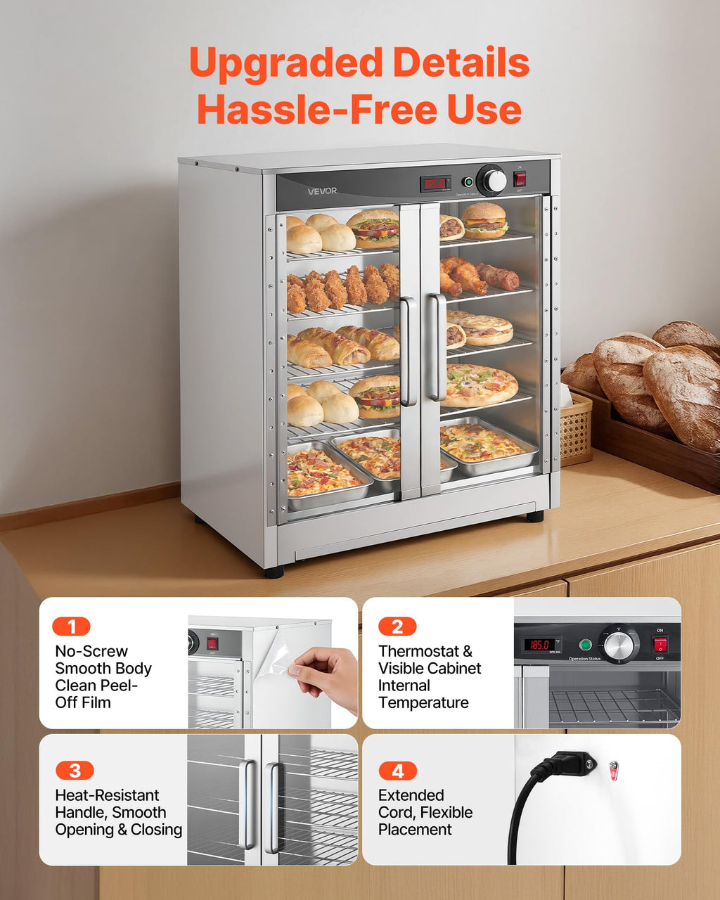 VEVOR Electric Hot Box Food Warmer, 5-Tier Commercial Warming Cabinet with Water Tray, Double-Door and Adjustable Shelves, Stainless Steel Food Warmer Cabinet, for Restaurant, Kitchen, Pizza, Chicken