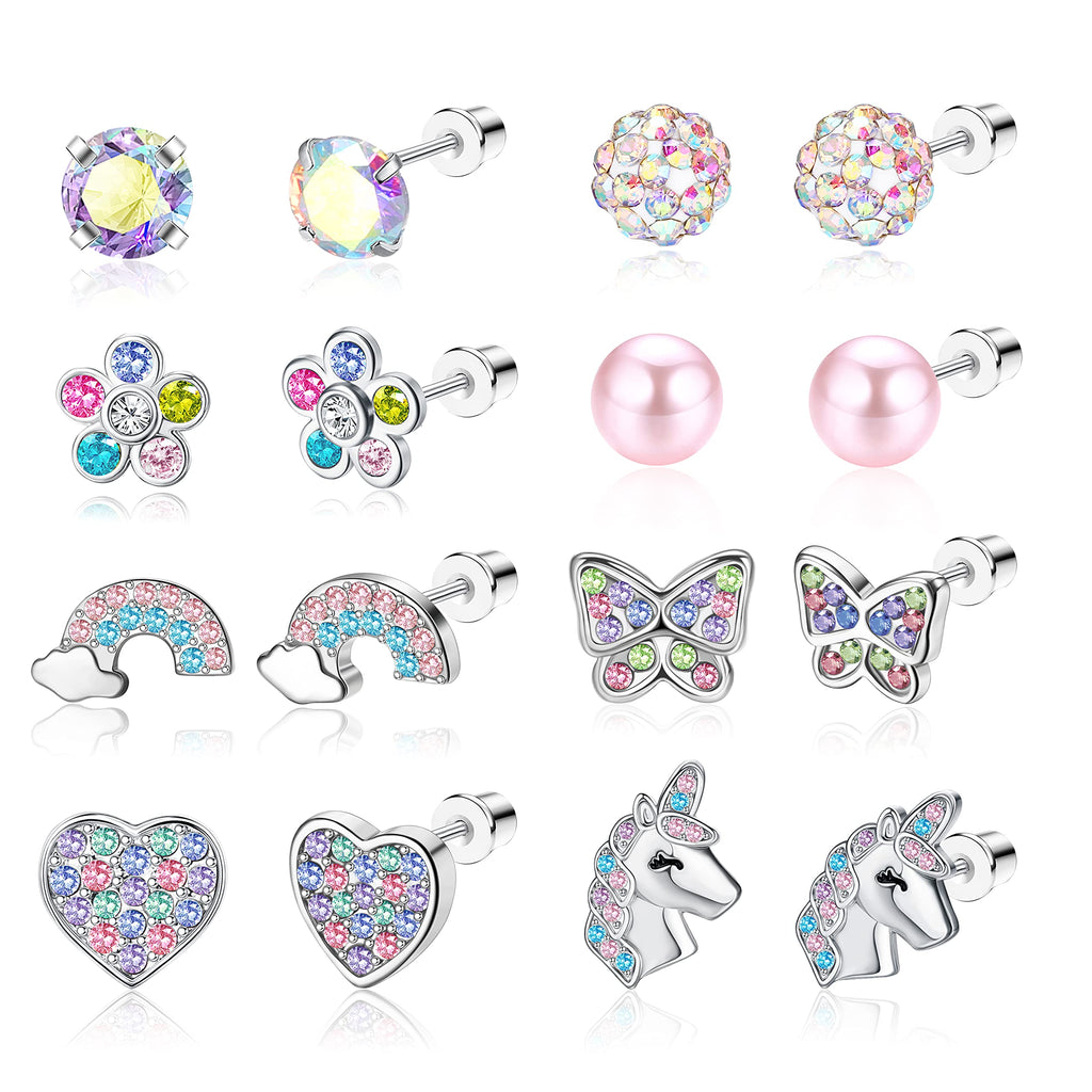 CASSIECA 8 Pairs Hypoallergenic Screw Back Earrings for Girls Kids