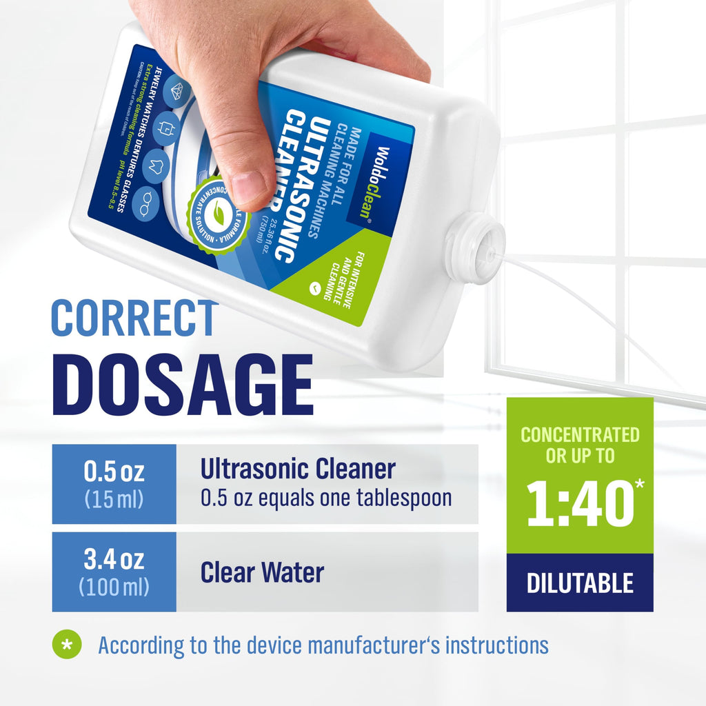 WoldoClean Ultrasonic Cleaner Solution Concentrate - 25.4 Fl Oz Makes 8 Gallons for Eyeglass, Sunglasses, Retainer, Denture, Aligner, Razor and Gun Parts