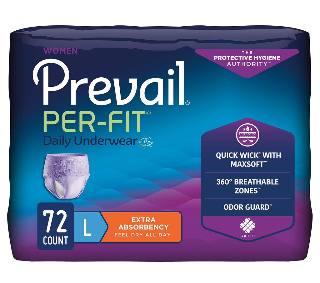 Prevail Per-Fit for Women Daily Protective Underwear, Pull-up Disposable Adult Diaper for Women, Extra Absorbency, Large, 72 Count (4 Packs of 18)