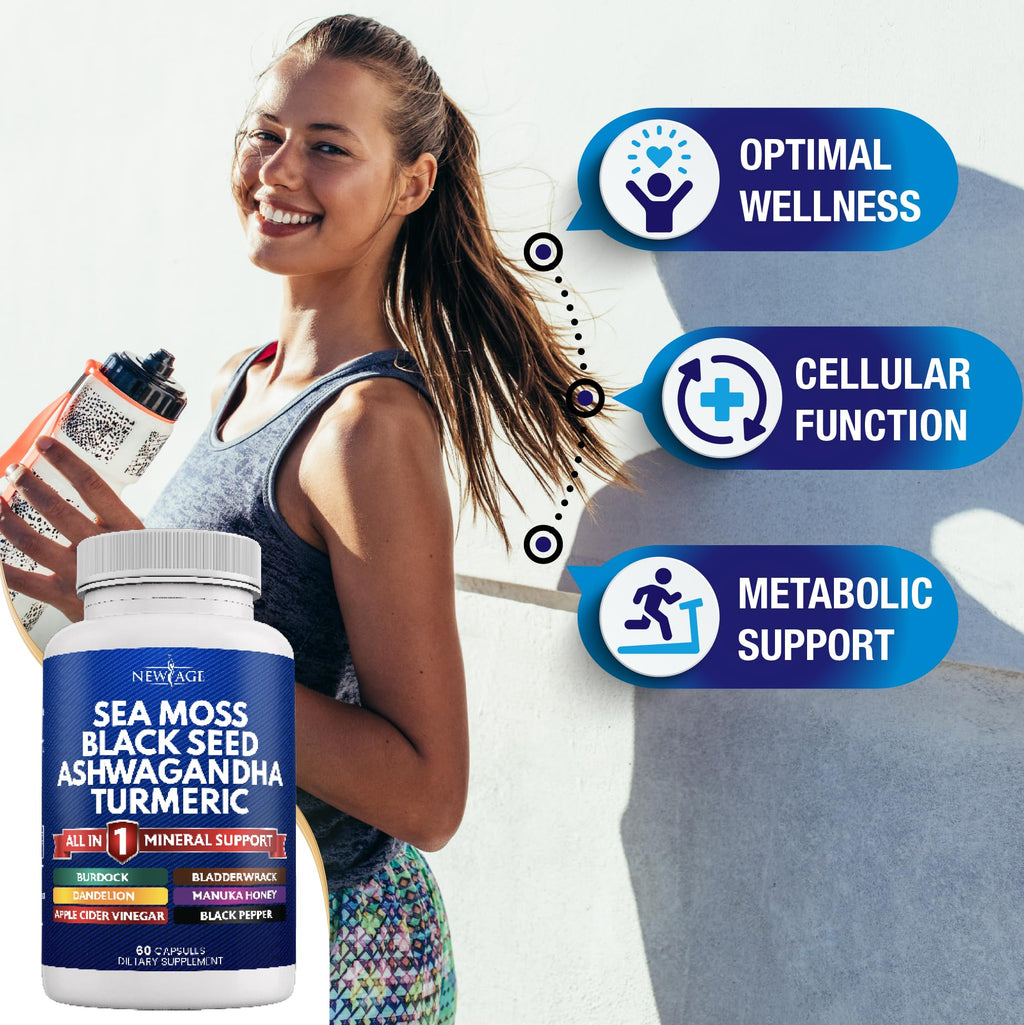 NEW AGE Silica Sea Moss, Black Seed Oil, Ashwagandha, Turmeric, Bladderwrack, Burdock - with Manuka, Honey Dandelion, ACV Black Pepper Gluten Free