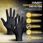 SAS Raven Powder Free Nitrile Disposable Gloves - 10 Boxes / 100 Ea. | 1000 Gloves Total |7 Mil - Sm | Latex Free, Chemical + Puncture Resistant, Textured Grip, Single Use | 66516, Black, Small