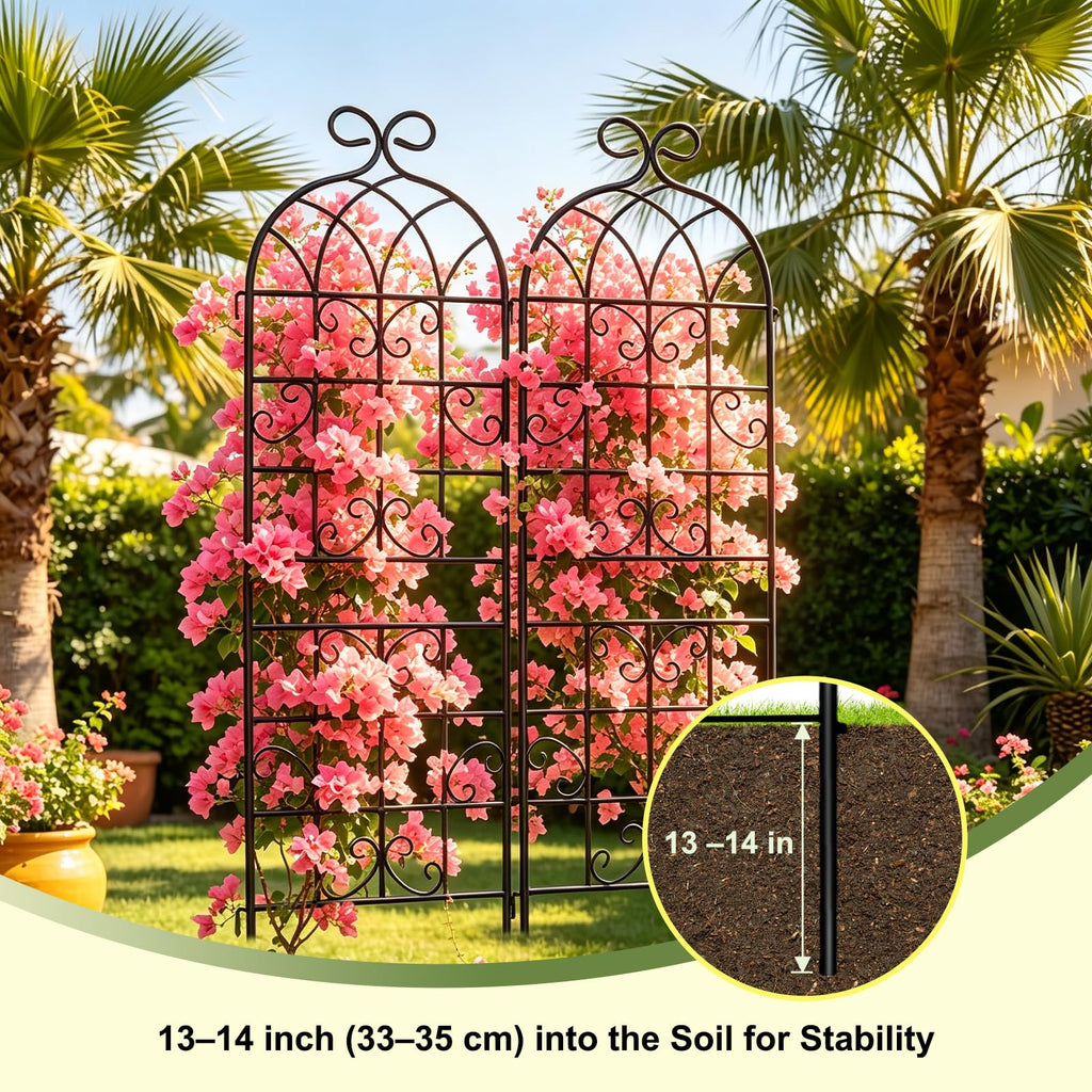 Lorenzo 2 Pcs 70 x 20 Inch Rustic Iron Garden Trellis for Climbing Plants Outdoor, Black Metal Arch Decoration Plant Supporting Perfect for Roses Flower Cucumbers Courtyards Lawns Clematis