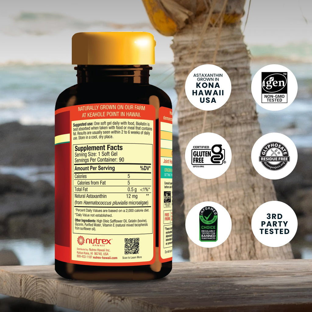 Nutrex Hawaii BioAstin Hawaiian Astaxanthin - 12mg, 90 Softgels - Farm-Direct Premium Antioxidant Supplement to Support Eye, Skin, Joint & Immune System Health - Non-GMO & Gluten-Free