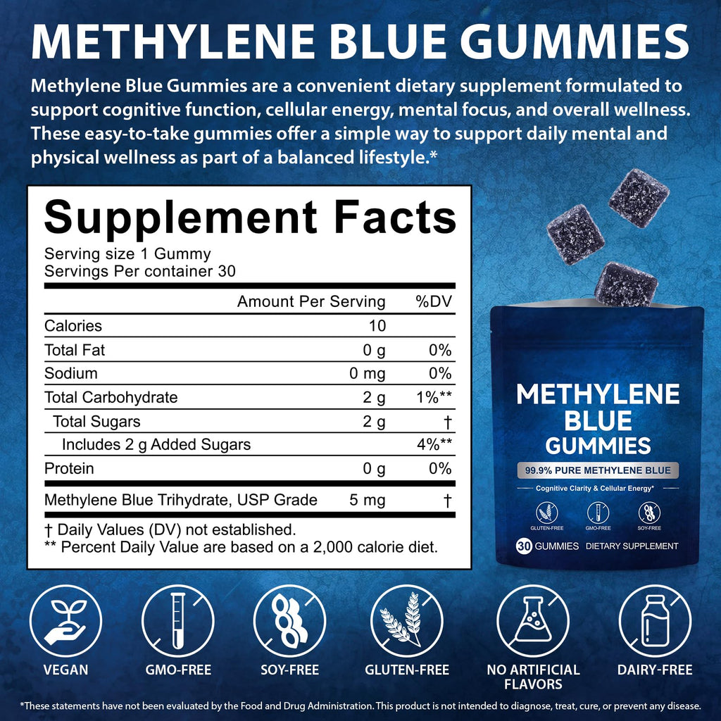 Methylene Blue Gummies 5mg Per Serving, Supports Cognitive Function, Cellular Energy, Mental Focus, Antioxidant Activity, 99.9% Pure, Vegan | 30 Gummies
