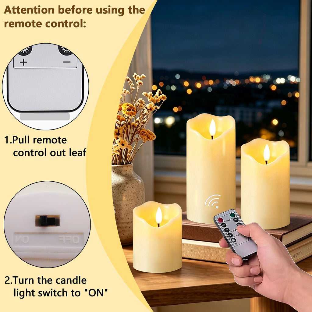 HVOPGEEUAN Flickering flameless Candles, Battery Operated Candles with Remote, led Pillar Candles，Electric Candle Set of 3，Christmas Home Wedding Birthday Decor（Ivory White） ﻿ ﻿