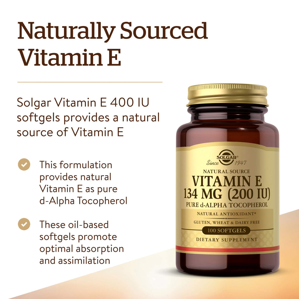 Solgar Vitamin E 200 IU Alpha,100 Softgels - Antioxidant,Healthy Aging,Healthy Skin,Immune System Support - Natural Source Vitamin E - Gluten Free,Dairy Free - 100 Servings,(Pack of 2)
