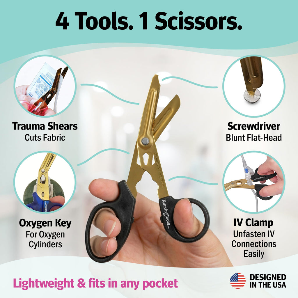 Nursing Tools Hummingbird 4 in 1 Medical Scissors - Compact Pocket Size Trauma Shears for Nurses, Students, Respiratory Therapists, Veterinarians, and Medical Professionals (Black + Black)