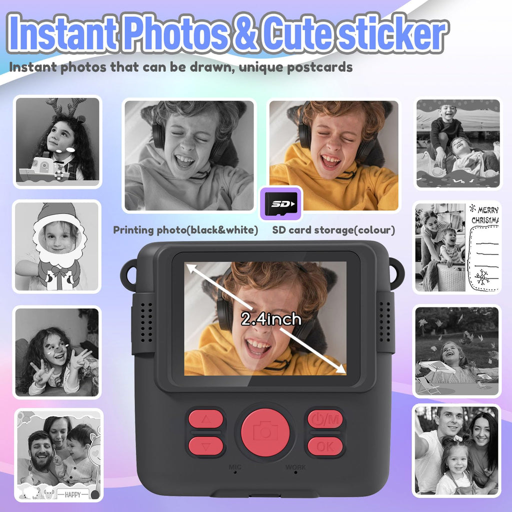 ESOXOFFORE Kids Camera Instant Print, Christmas Birthday Gifts for Kids Age 3-12, Selfie Digital Camera with 1080P Videos,Toddler Portable Travel Cameras Toy for 4 5 6 7 8 9 Year Old Boys Black
