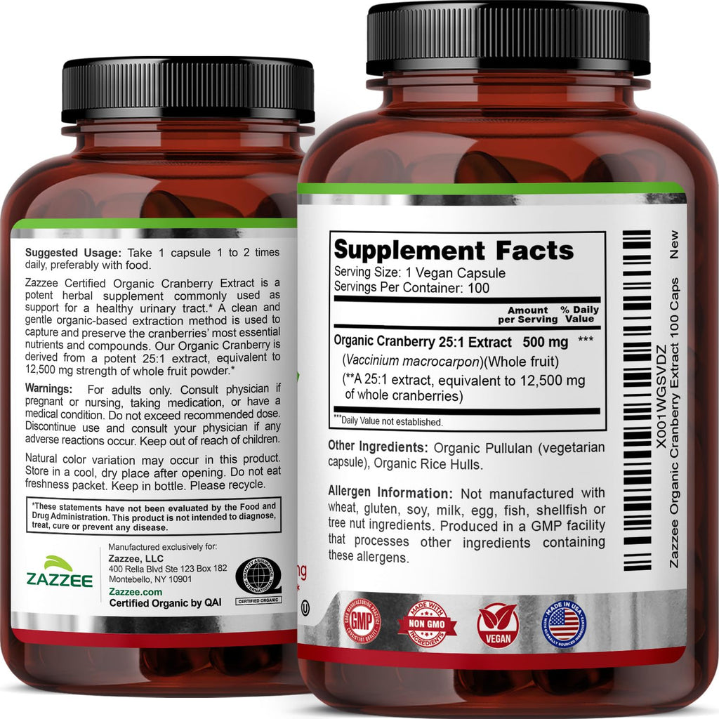 Zazzee USDA Organic Cranberry 25:1 Extract, 500 mg per Capsule, 100 Vegan Capsules, 3+ Month Supply, Certified Kosher, Vaccinium Macrocarpon, Urinary Tract & Bladder Support, Non-GMO, Made in the USA