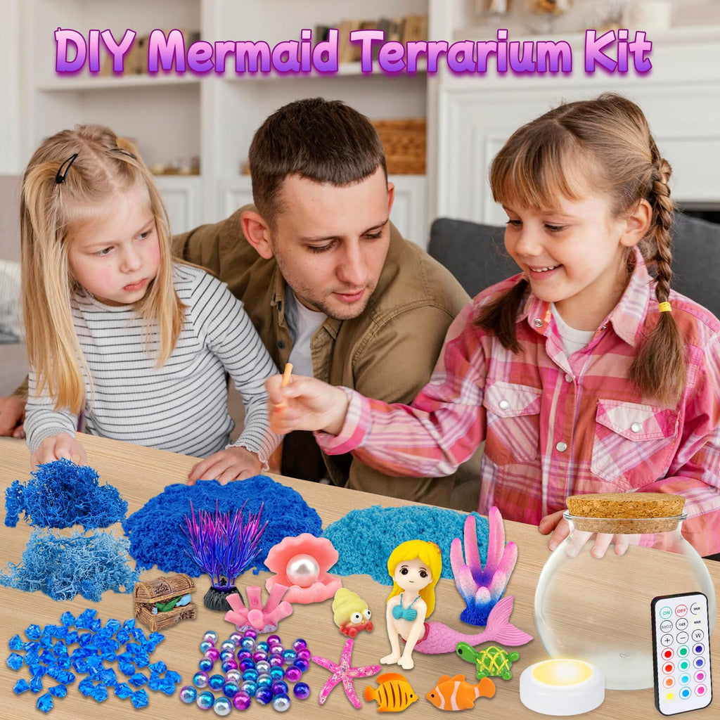 7july Mermaid Terrarium Craft Kit for Kids - LED Night Light Up & Remote Mermaid Birthday Gifts Toys for Girls Age 5 6 7 8 9 10 11 12 Year Old