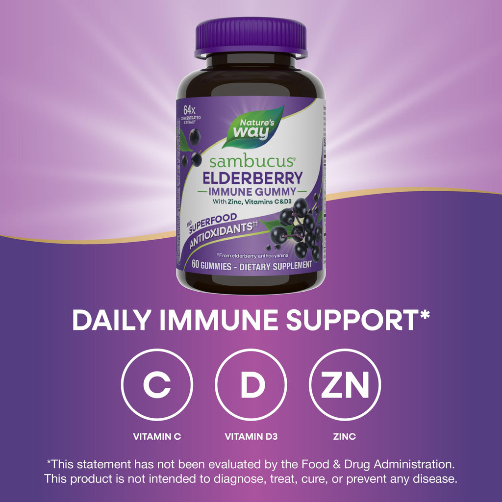 Nature's Way Sambucus Elderberry Gummies, Immune Support Gummy for Adults & Kids Ages 4+ with Black Elderberry Extract, Vitamin C, Vitamin D3, and Zinc*, 60 Gummies (Set of 3)