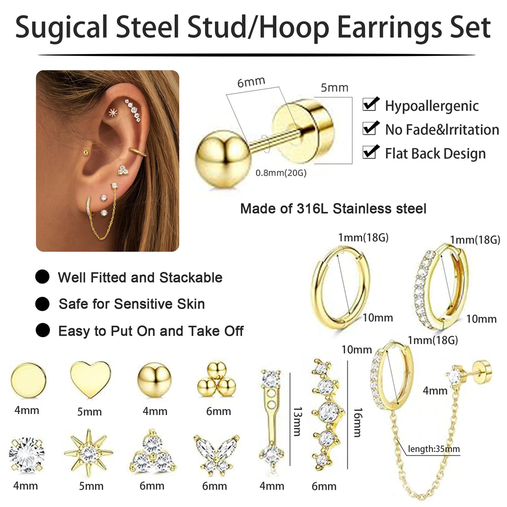 LOFITOR Gold Flat Back Earrings for Women Surgical Stainless Steel Set